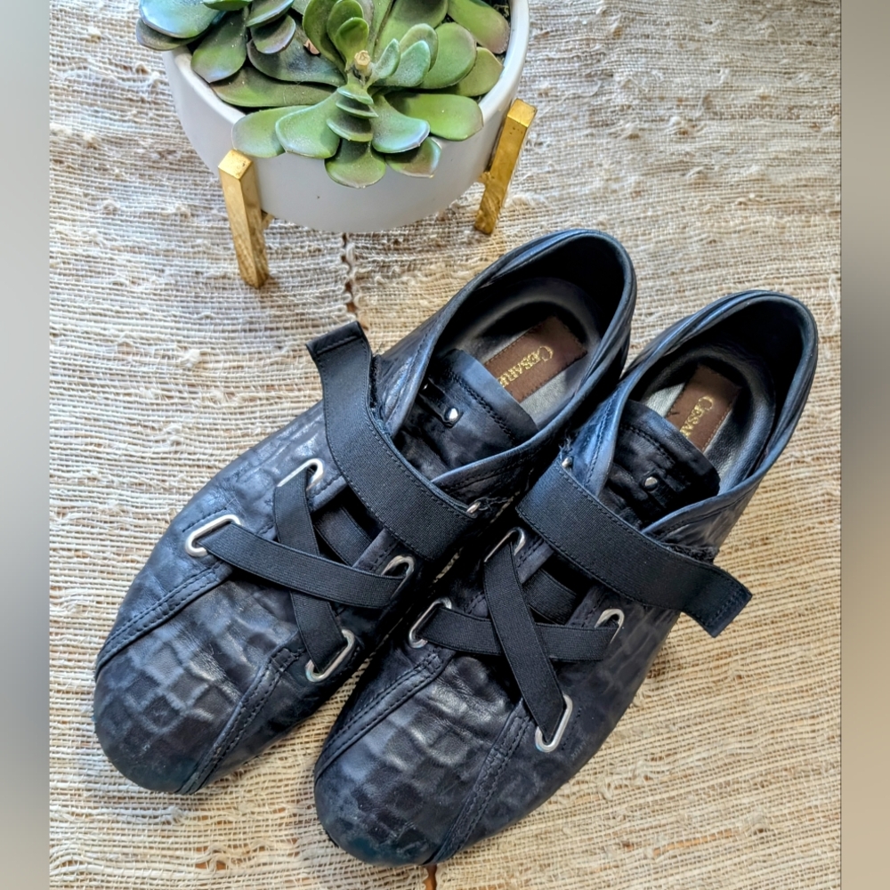 Cesare Paciotti • Black Croc Embossed Leather Crisscross Velcro Loafers RARE